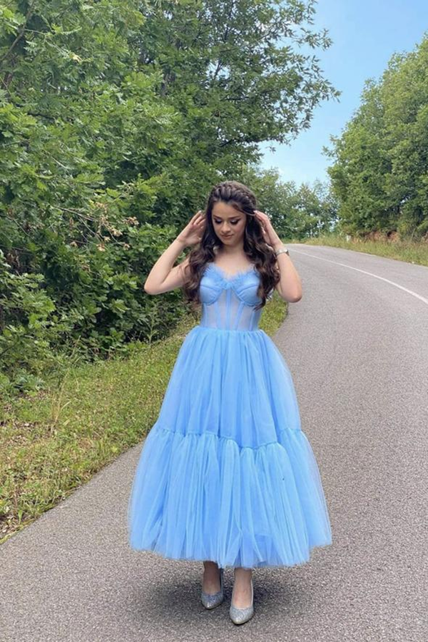 Sky Blue Straps Tulle A Line Prom Dress Sweetheart Homecoming Dresses KPP1426