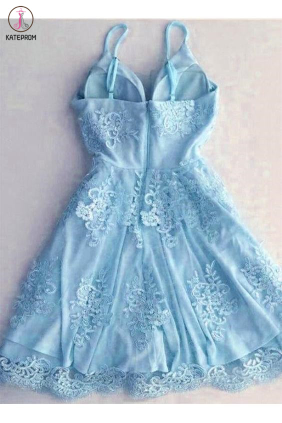 Light Blue Spaghetti Strap Lace Appliqued Short Homecoming Dresses, Sexy Mini Prom Dress KPH0445