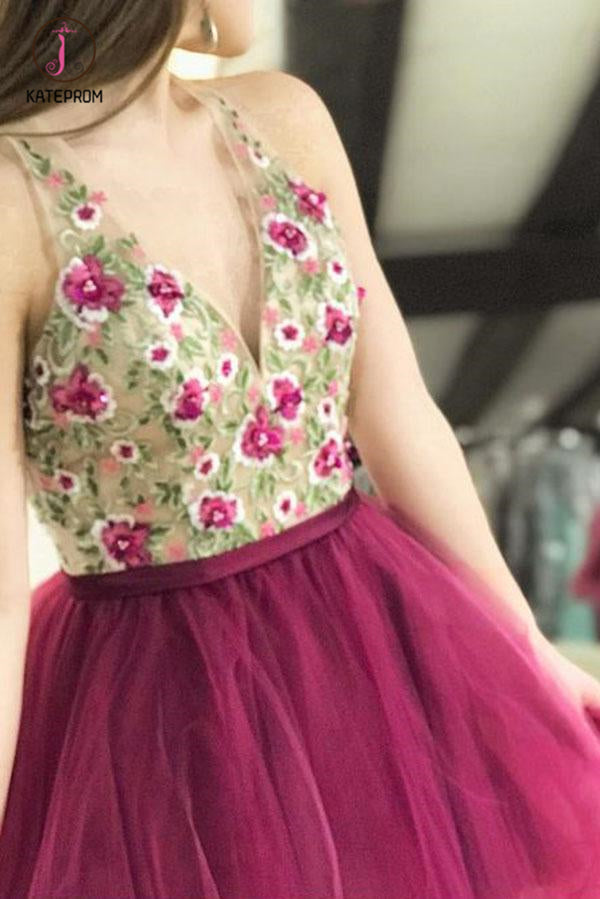 Mini Deep V Neck Sleeveless Tulle Homecoming Dress with Appliques, Short Prom Dress KPH0311