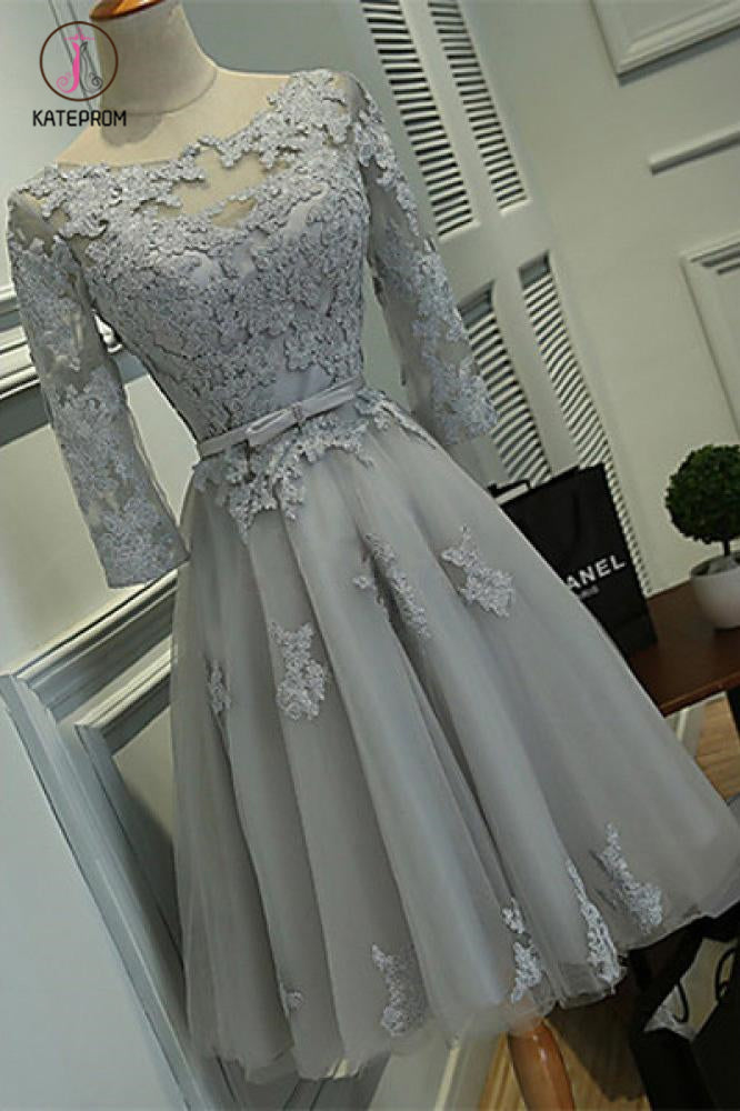Grey A-line Bateau Knee-length Lace Appliques Tulle Homecoming Dress with Belt KPH0276
