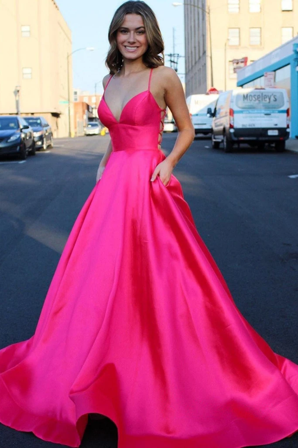 Cute A line Deep V neck Lace up Pink Satin Long Prom Dresses KPP1482