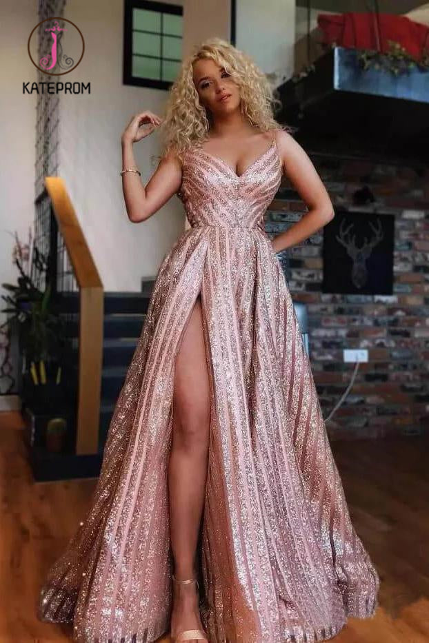 Spaghetti Strap V Neck Rose Gold Sequins Prom Dresses Sexy Side Slit Prom Dresses KPP0987