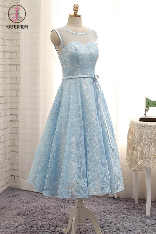 Tea Length A Line Light Blue Lace Homecoming Dress with Belt, Tea Length Prom Dress KPH0358