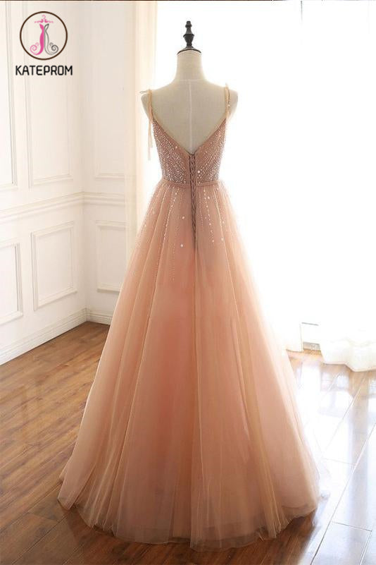 Sexy Straps Sleeveless Long Tulle Prom Dress with Beading, Floor Length Sparkly Evening Dress KPP1218