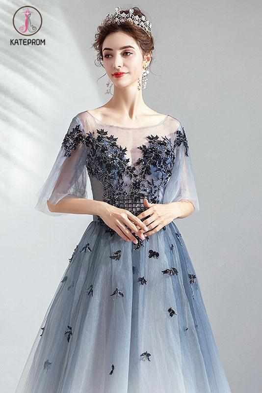 Floor Length Half Sleeves Tulle Long Ombre Prom Dress with Appliques KPP1072