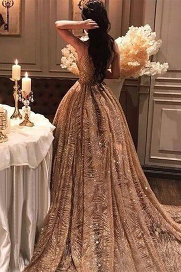 Chic Sparkly Gold Prom Dress Unique Long Prom Dress Evening Gowns KPP1594