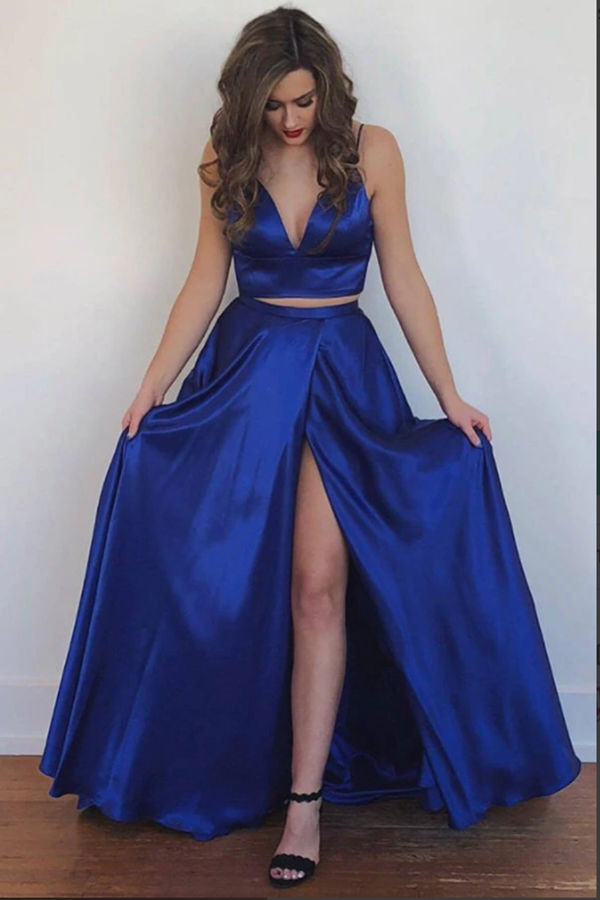Cute Two Piece Floor Length Royal Blue Prom Dresses With Front Split KPP1388