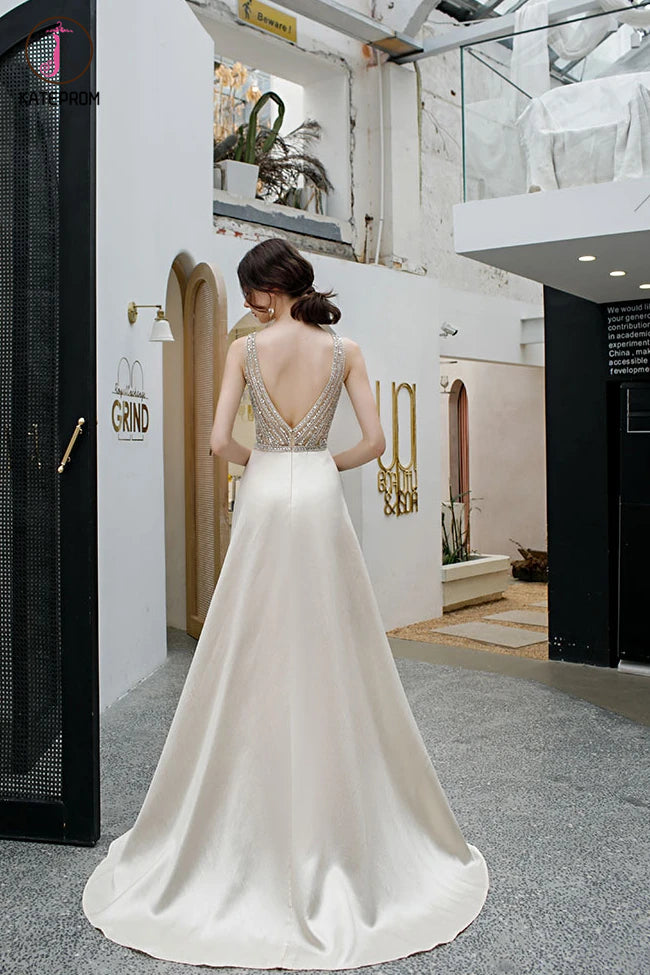 Elegant Deep V Neck Sleeveless Evening Dress with Sequins, Backless A Line Party Dress KPP1296