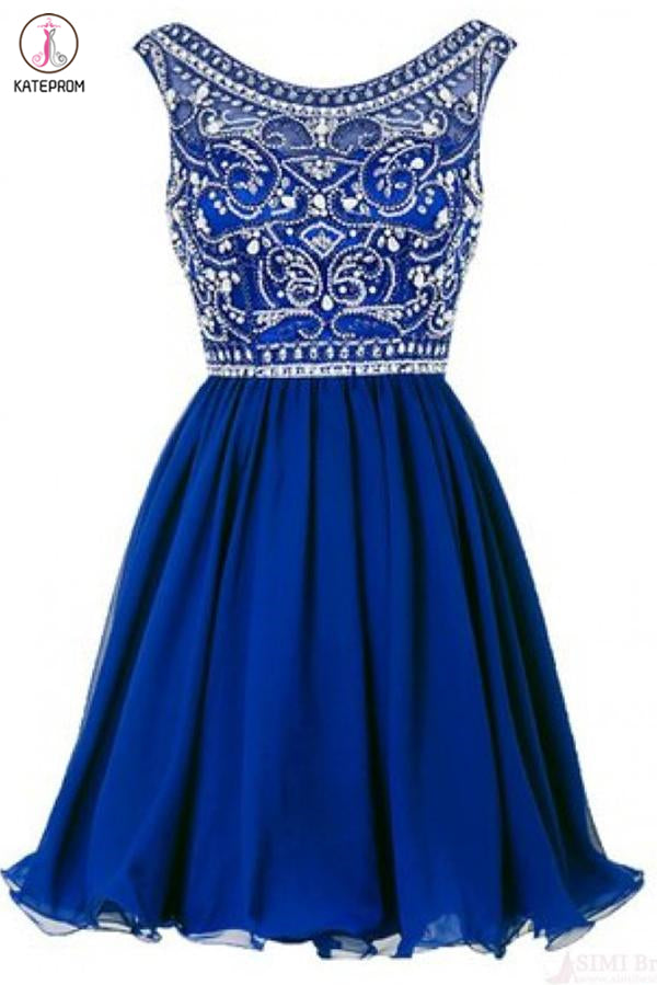 A Line Royal Blue Beading Bodice Knee Length Chiffon Homecoming Dresses KPH0447
