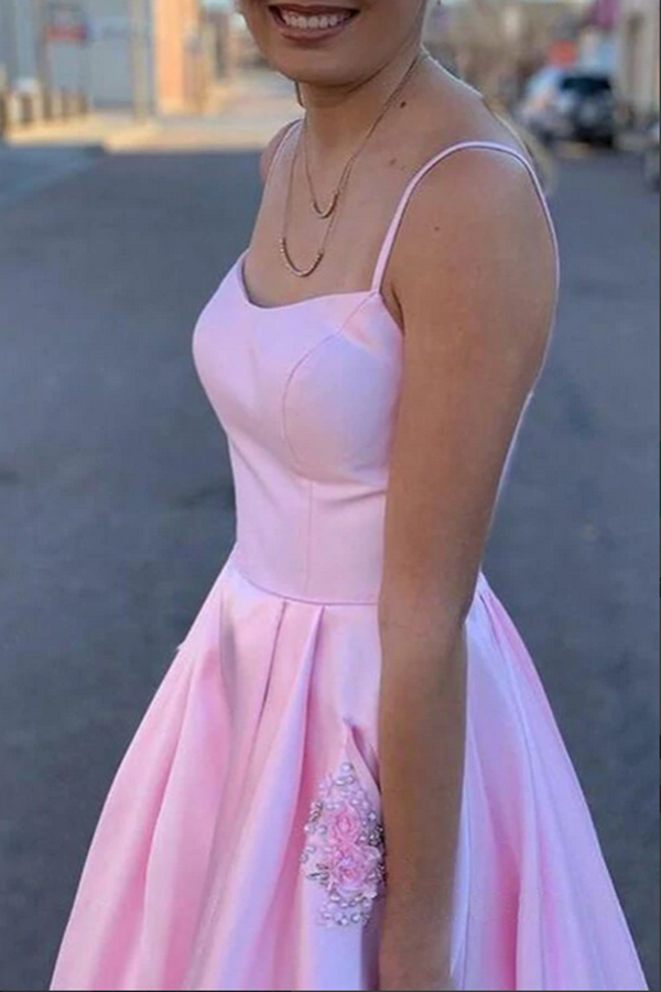 Pink Satin A line Spaghetti Straps Prom Dresses, Party Dress With Pockets KPP1503