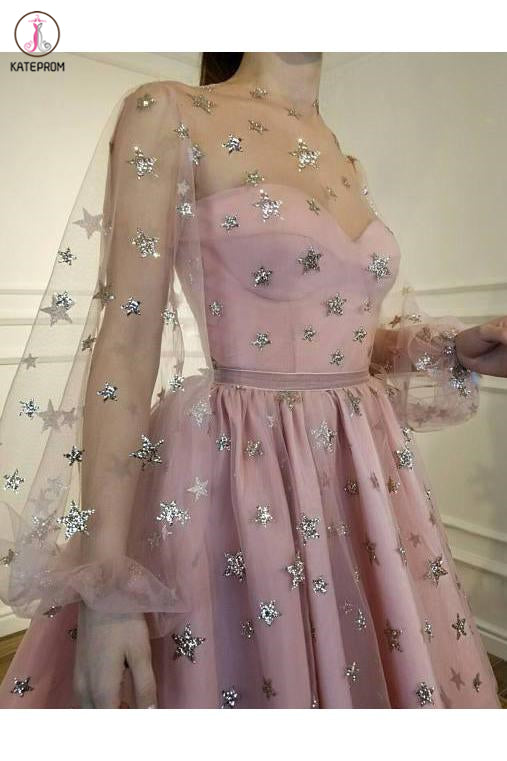 Sparkly Long Sleeve Short Party Dress, Unique Sheer Neck Mini Homecoming Dress KPH0455