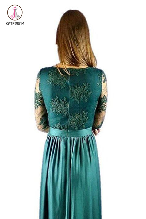 Royal Blue V Neck Long Sleeve Prom Dress, Floor Length Split Evening Dress with Lace KPP0751