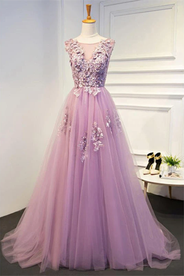 Chic Prom Dresses A line Scoop Short Train Lilac Prom Dress Evening Dress KPP1392