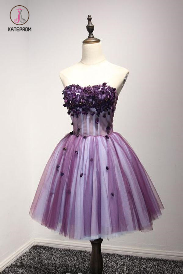 Purple Strapless Sleeveless Appliques Flower Short Formal Dresses with Beads KPH0293