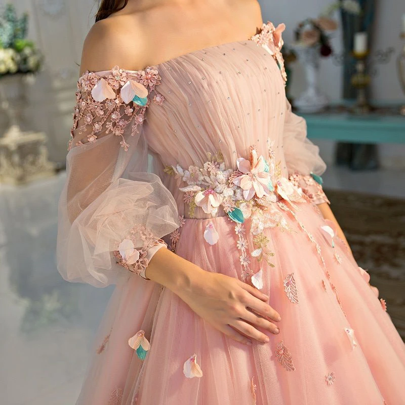Long Sleeve Prom Dresses Pearl Pink Ball Gown Long Floral Fairy Prom Dress KPP1341