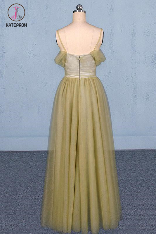 Spaghetti Straps Floor Length Tulle Prom Dress with Beading, Long Evening Dress KPP1090