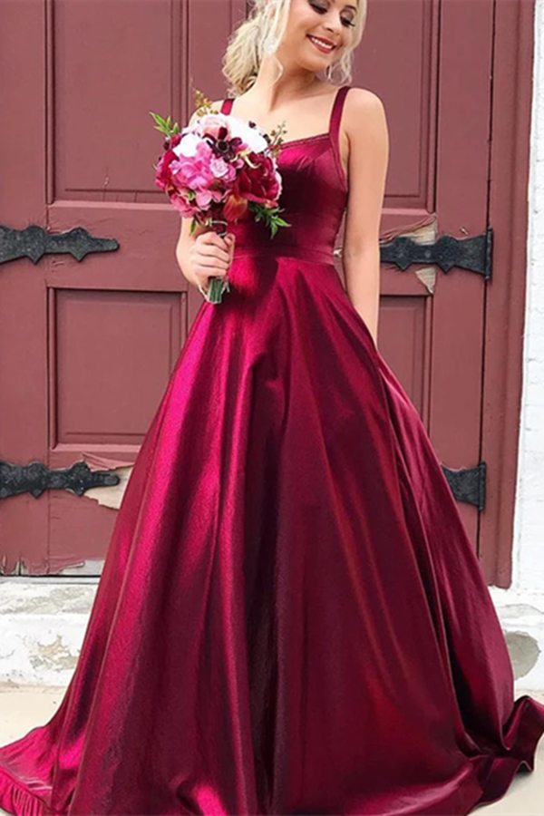 A line Long Taffeta Spaghetti Straps Prom Dresses With Pockets KPP1445