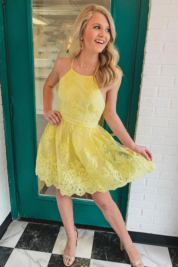 Backless Short Lace Appliques Prom Dresses,A Line Yellow Graduation Homecoming Dresses KPP1427