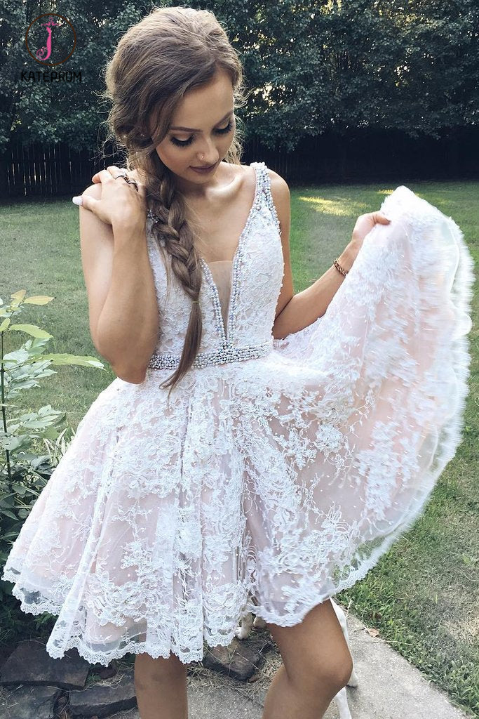 Mini Deep V-Neck Backless Lace Homecoming Dresses Party Dresses with Beading KPH0303