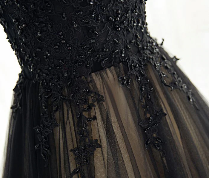 Chic A line High Neck Black Tulle Floor Length Modest Prom Dress Evening Dress KPP1546