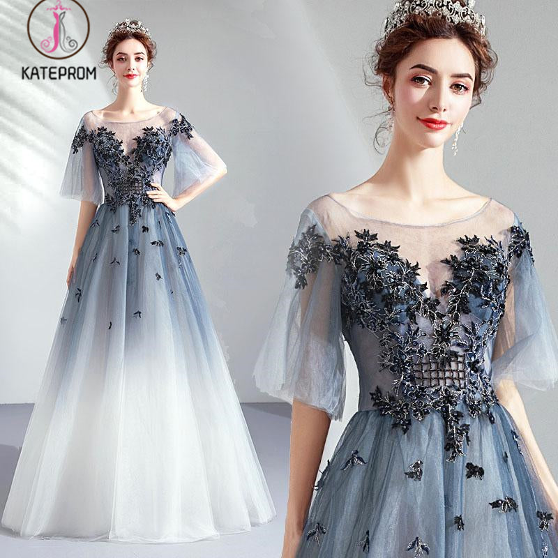 Floor Length Half Sleeves Tulle Long Ombre Prom Dress with Appliques KPP1072