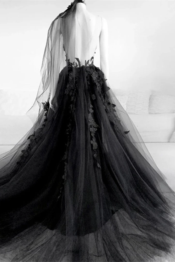 Elegant Backless Black Tulle Wedding Dresses With Appliques Modest Prom Dress KPW0690