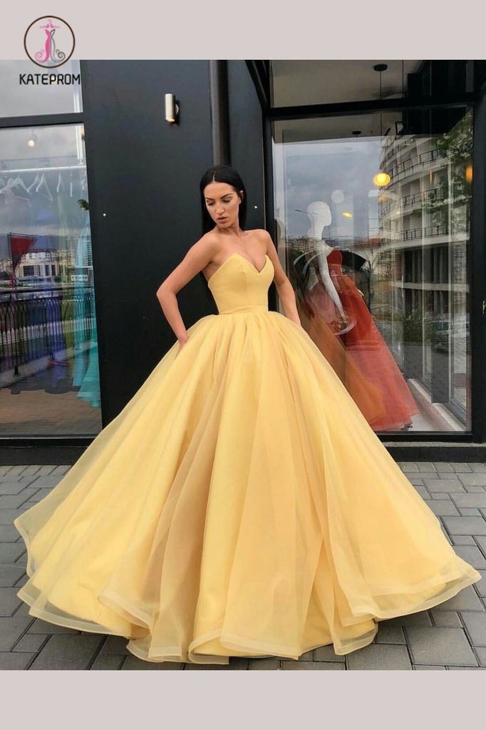 Yellow Ball Gown Sweetheart Prom Dress, Princess Floor Length Tulle Quinceanera Dresses KPP0638
