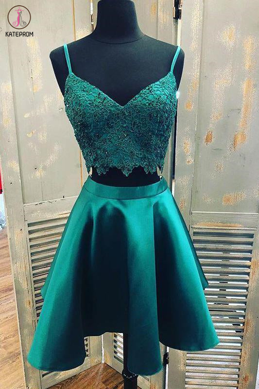 Teal Two Piece Satin Homecoming Dresses with Lace, Spaghetti Strap Graduation Dress KPH0519