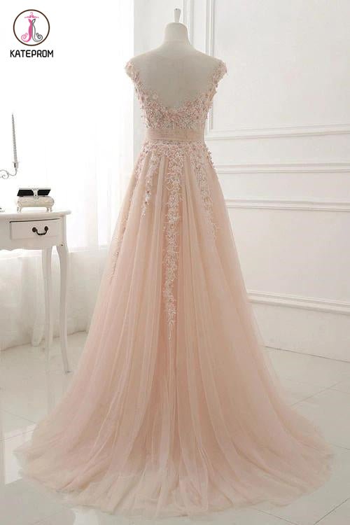 A Line Sheer Neck Cap Sleeves Tulle Prom Dresses, Lace Appliqued Long Formal Dresses KPP1286