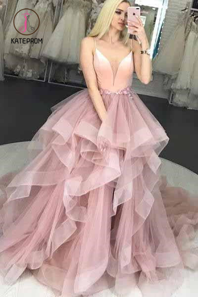 Spaghetti Strap V Neck Puffy Long Prom Dresses, Unique Long Party Dress with Ruffles KPP0936