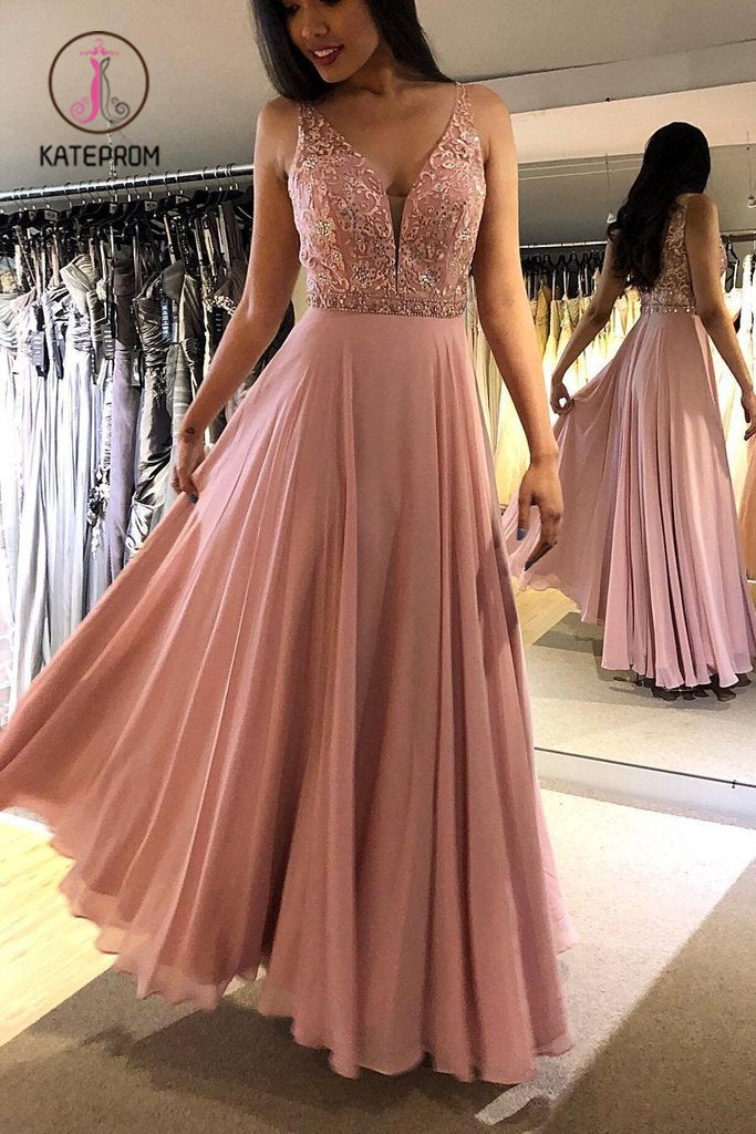 Blush V Neck Sleeveless Floor Length Prom Dresses, Sparkly Chiffon Long Formal Dress KPP0922