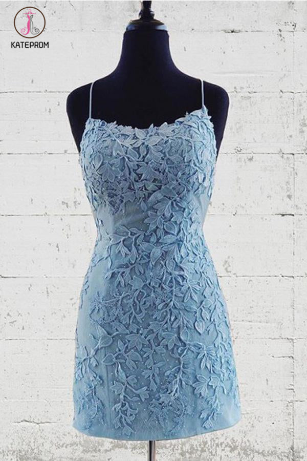 Tie Back Appliqued Sheath Burgundy Blue Pink Short Prom Dress Homecoming Dress KPH0492