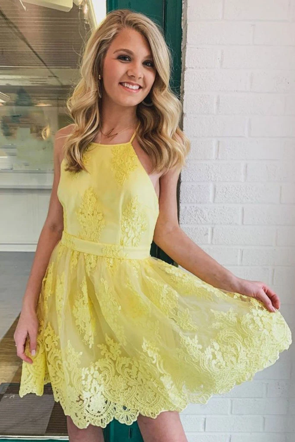 Backless Short Lace Appliques Prom Dresses,A Line Yellow Graduation Homecoming Dresses KPP1427
