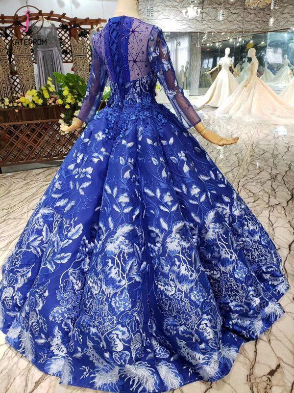 Blue Ball Gown Floral Prom Dress with Long Sleeves, Appliqued Long Quinceanera Dress KPP0851