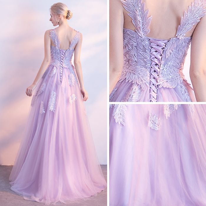 Chic Lilac Prom Dress A line Applique Modest Long Prom Dress Evening Dress KPP1613