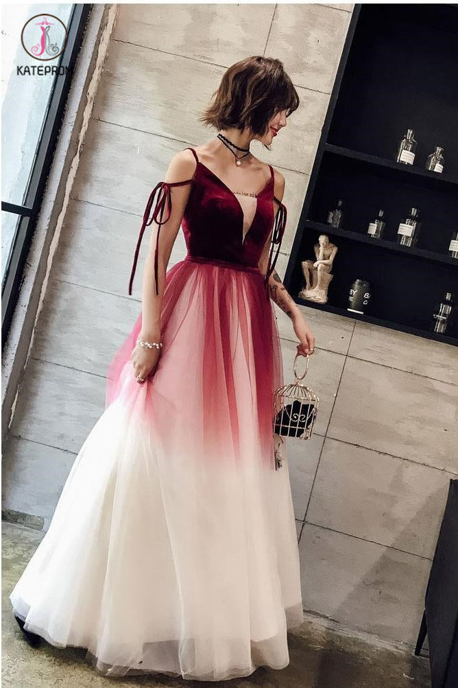 Ombre Long Tulle Prom Dress, Unique V Neck Sleeveless Party Dresses, Dance Dress KPP0827