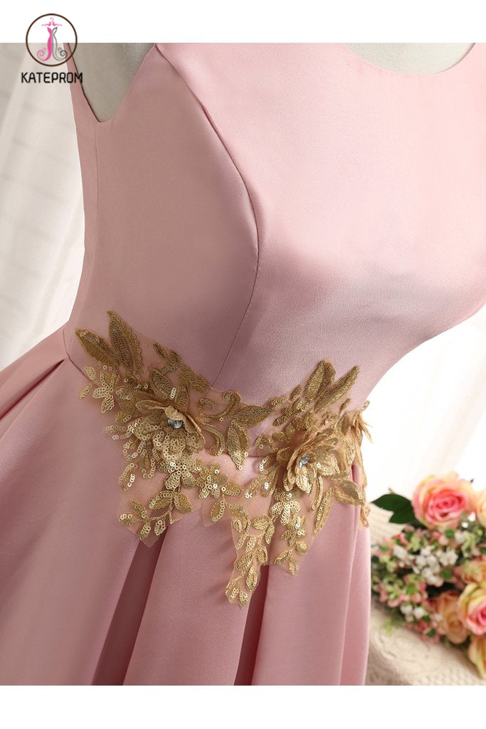 Pink A Line Sleeveless Ruched Homecoming Dress with Gold Appliques, Short Prom Dress KPH0357
