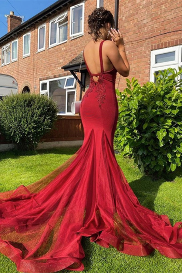 Sexy Red Mermaid Long Prom Formal Dresses with Appliques KPP1470