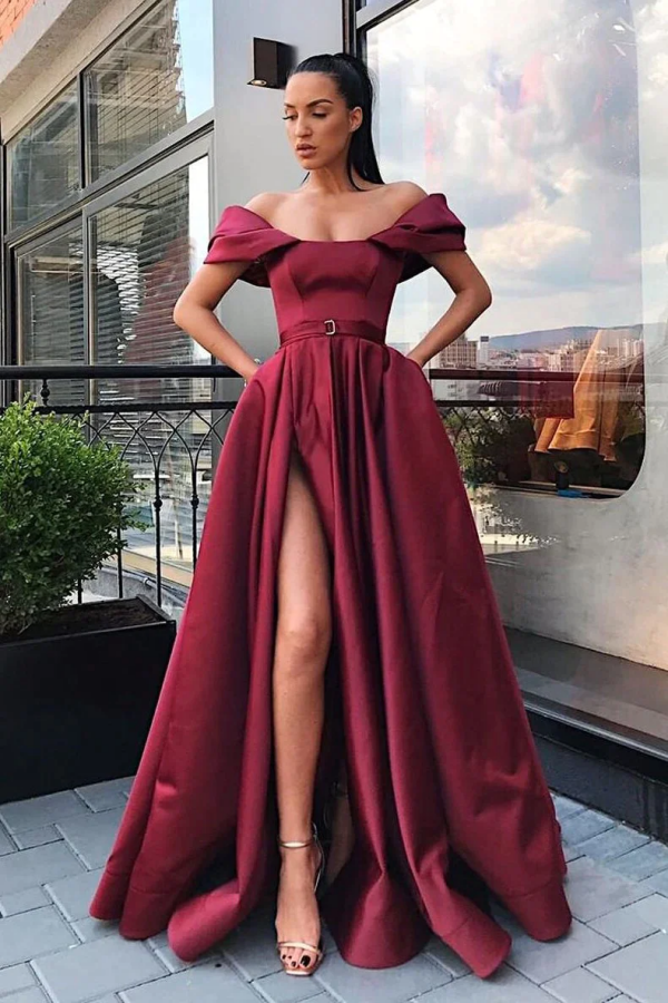 Off the Shoulder Burgundy Side Slit Prom Dress with Ribbon KPP1764