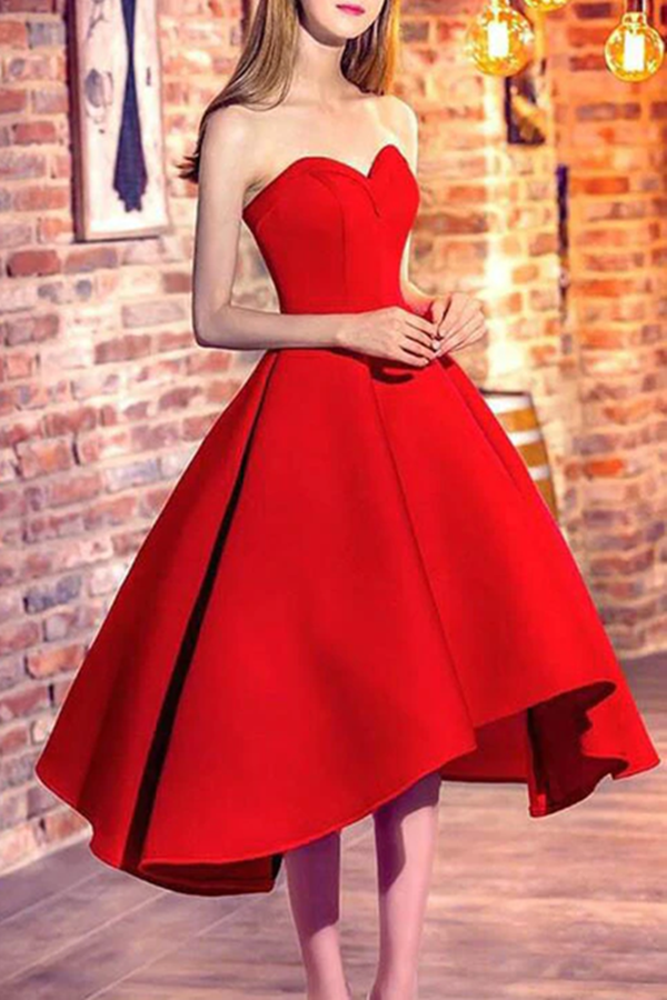 Chic A line Sweetheart Red Pretty Satin Prom Dress High Low Evening Party Dress KPH0605