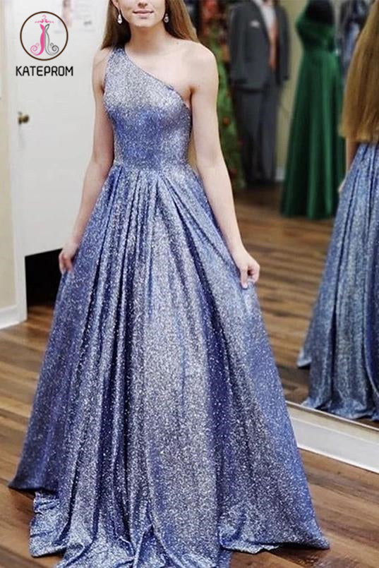 A-line One Shoulder Sparkly Long Prom Dresses Sequins Floor Length Evening Dress KPP1242