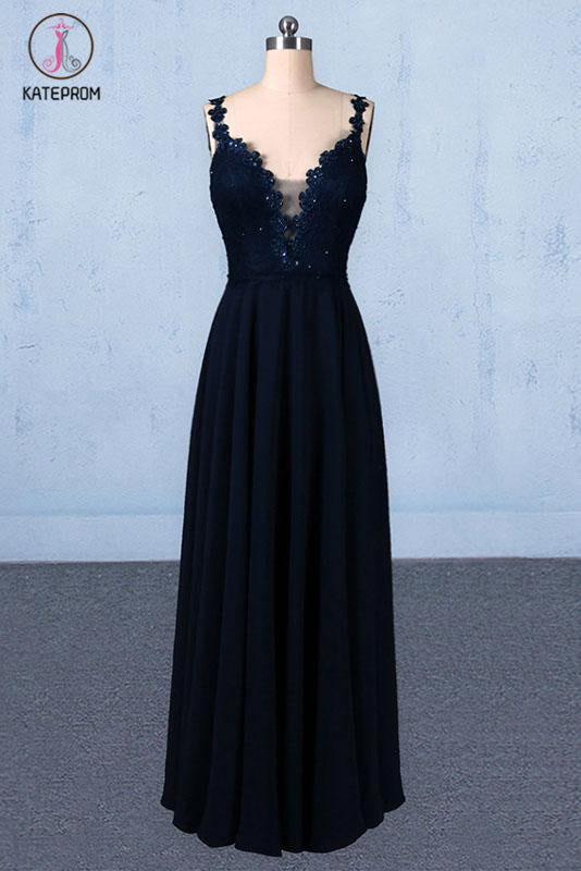 Dark Navy Blue Straps Floor Length Evening Dresses, Long Chiffon Prom Dress with Lace KPP1061
