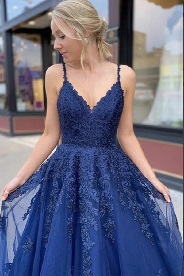 A Line V neck Lace Navy Blue Tulle Long Prom Dresses, Evening Dress KPP1369
