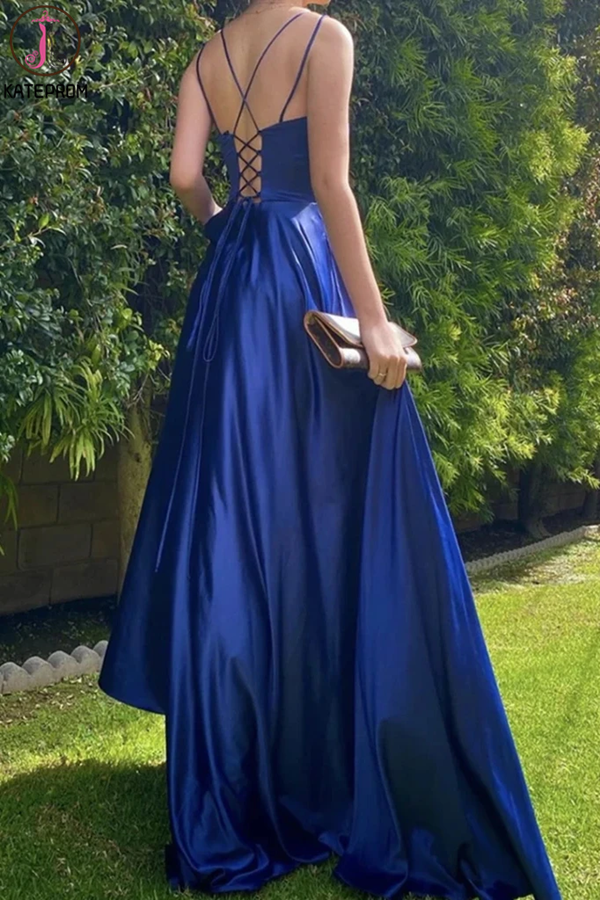 Satin Royal Blue V neck Prom Dresses, A Line Lace up Evening Dresses for sale KPP1322