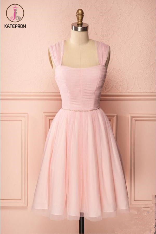 Pink Vintage Straps Tulle Knee Length Homecoming Dress, Straps Graduation Dresses KPH0414