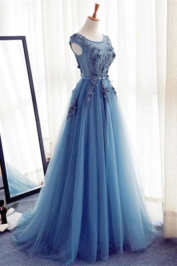 Chic A line Scoop Beaded Long Prom Dress Tulle Applique Evening Party Dress KPP1502