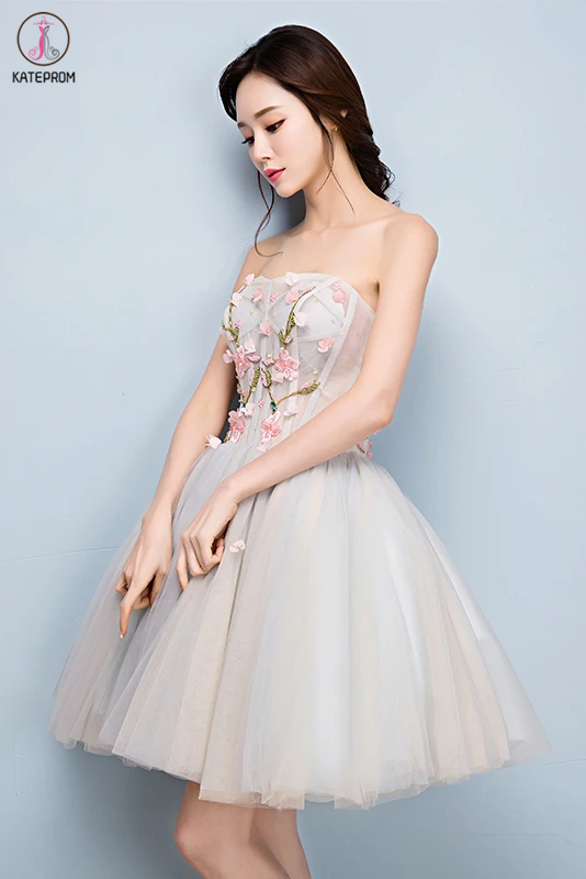 Unique Strapless Tulle Short Homecoming Dress with Appliques, A Line Sweetheart Prom Dress KPH0510
