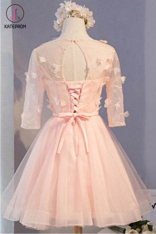 A Line Half Sleeves Knee Length Tulle Prom Dress with Flowers, Short Prom Dresses KPH0420