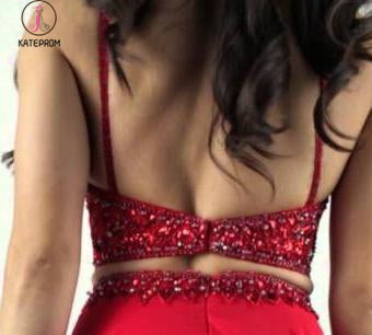 Red Two Piece Prom Dresses with Beading, Charming Long Homecoming Dress KPP0702