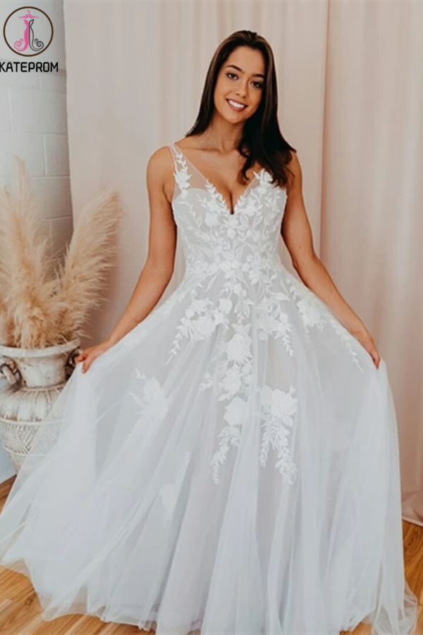 A-line V Neck Soft Tulle Lace Appliques Romantic Wedding Dress KPW0607